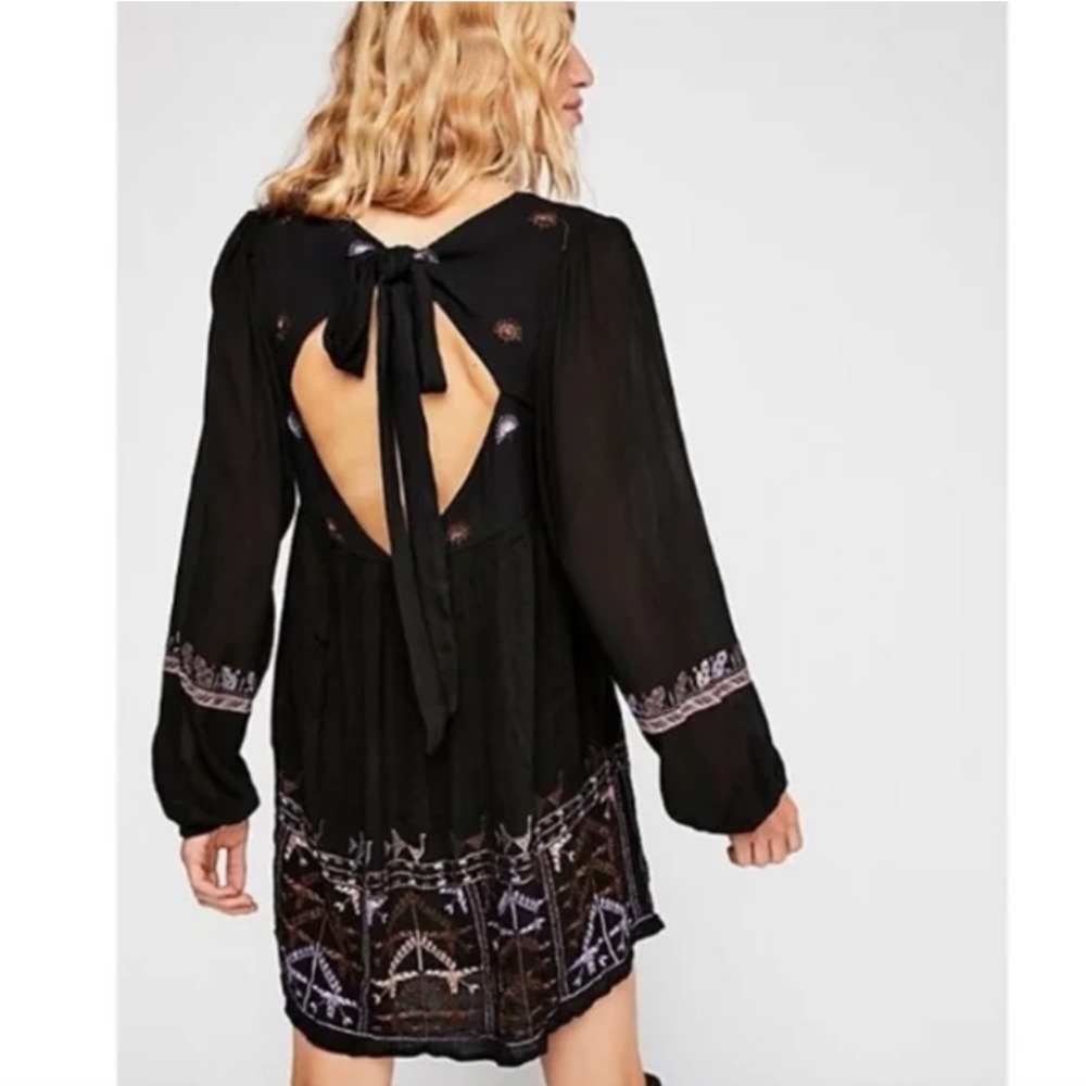 Free People Dress XS Black Purple Embroidered Long Sleeve Mini Rhiannon - Picture 4 of 11